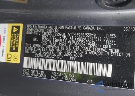 2013 Lexus Rx 350 из США, поврежденный, VIN 2T2BK1BAXDC209767